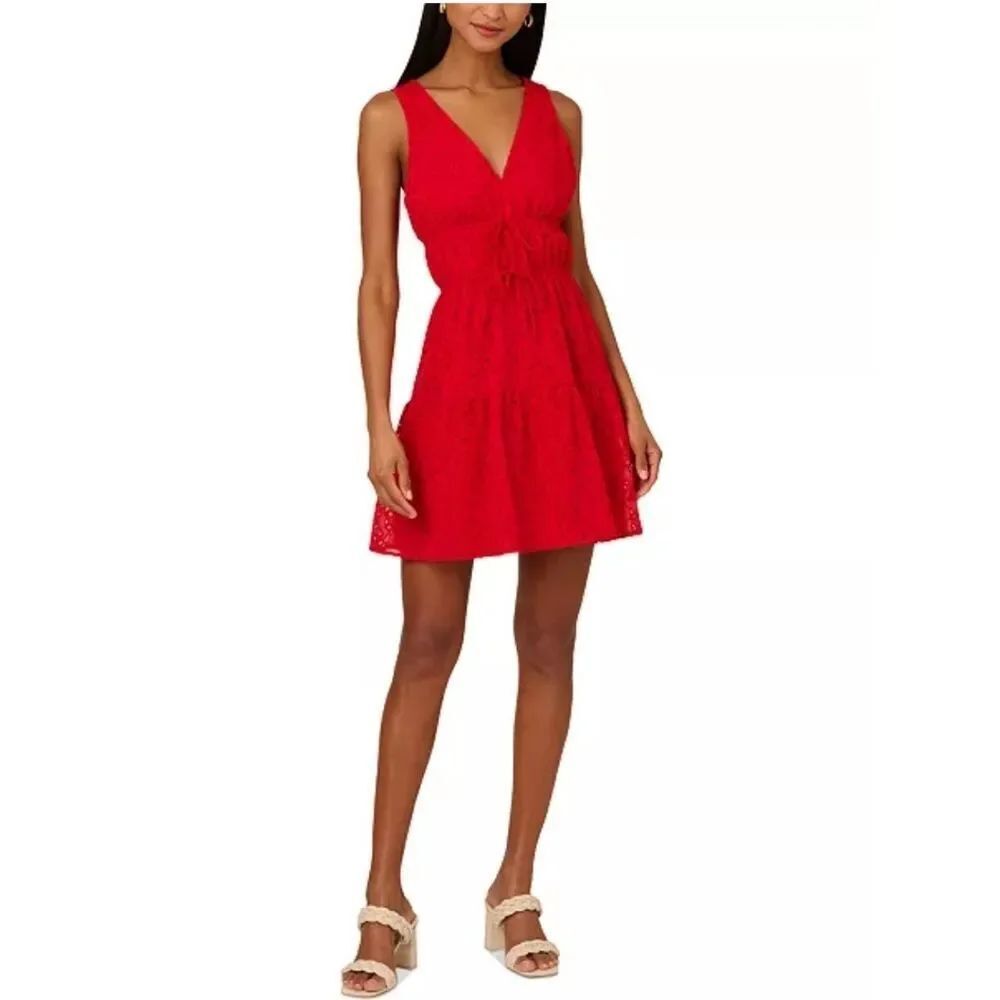 NWT Adriana Papell Red V Neck Eyelet DRESS SIZE 8 NWT